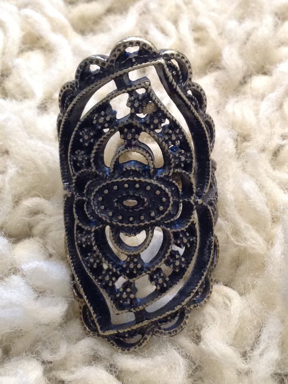 Filigree Black Enameled Bronze Ornate Oval Cocktail Ring "8.5", Eclectic Retro